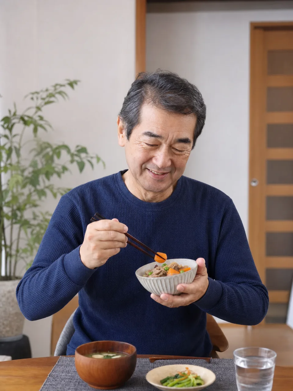 一人暮らしの日本人シニアの食卓（自然な縦位置写真）。シニア一人暮らし、高齢者の食事、自立生活、一人ごはんの記事や案内に使える商用素材です。