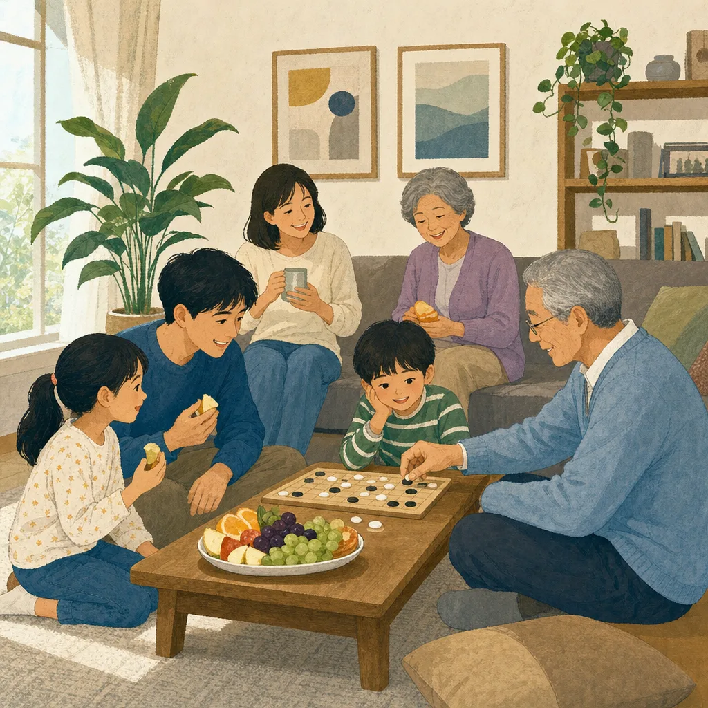家族団らんを楽しむ日本人（編集記事向け）。家族団らん、三世代、休日、リビングの記事向け素材です。
