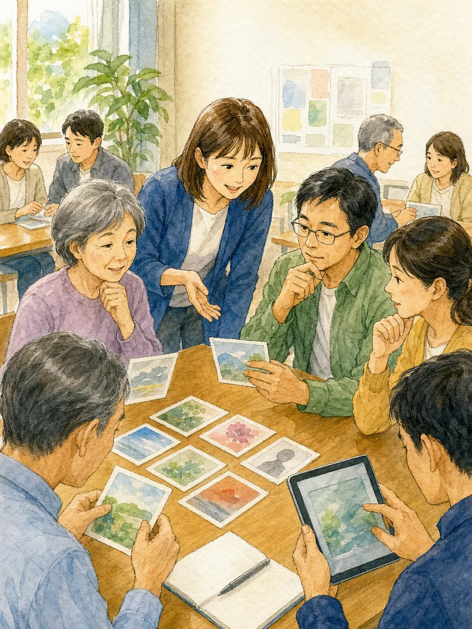 情報リテラシーを学ぶ日本人（手描き水彩）。情報リテラシー、メディア教育、情報確認、学習向け素材です。