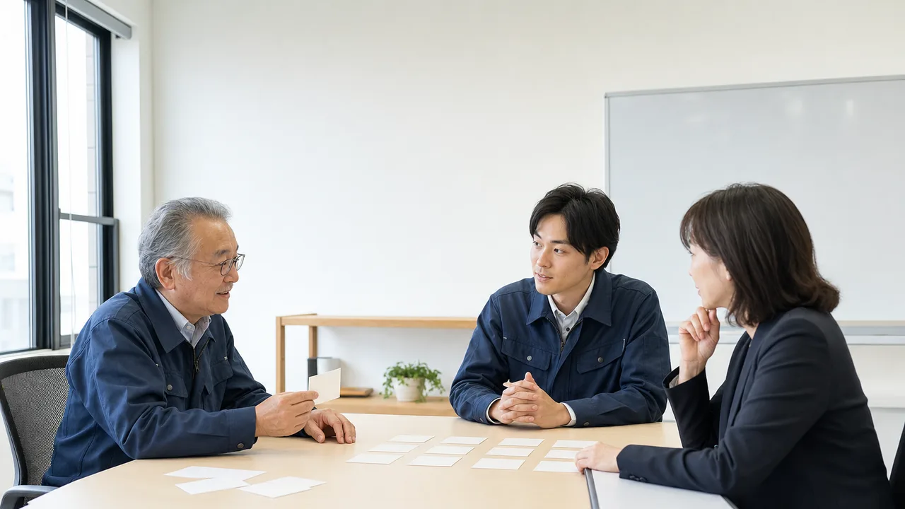 事業承継を話し合う日本人家族（横長・コピースペース）。事業承継、後継者、家族経営、中小企業の記事や案内に使える商用素材です。