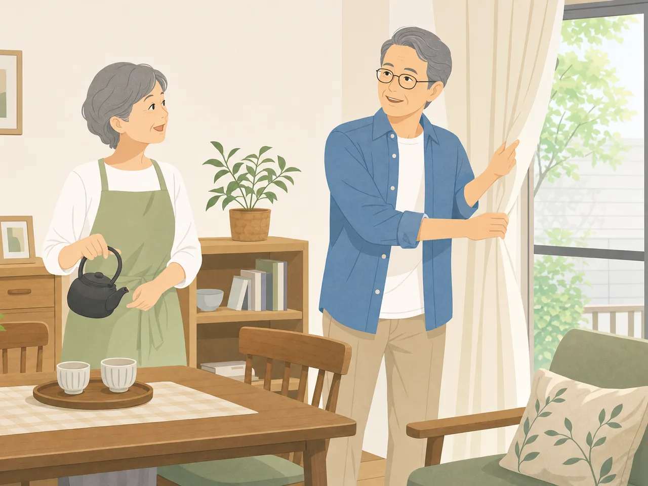 日常を過ごす日本人シニア夫婦（フラットイラスト）。シニア夫婦、二人暮らし、日常、自立した暮らしの記事向け素材です。