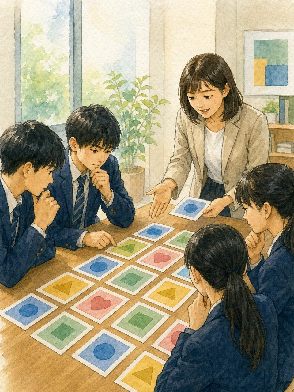 就職活動の自己分析をする日本人学生（手描き水彩）。就活の自己分析、自己分析ワークショップ、就職活動、大学生の記事や案内に使える商用素材です。