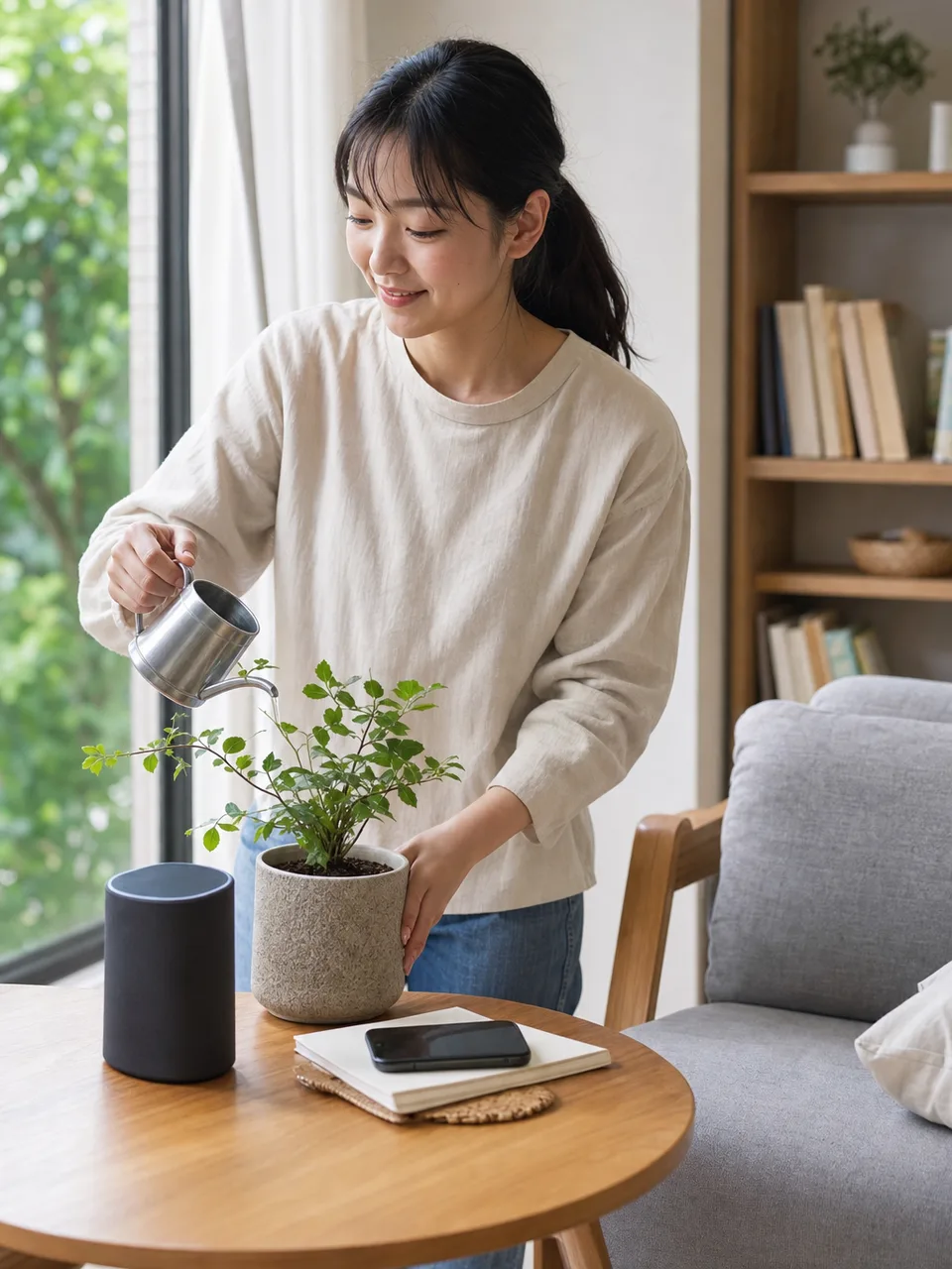 若い日本人女性の日常（自然な縦位置写真）。若い女性、一人時間、日常、ライフスタイルの記事向け素材です。