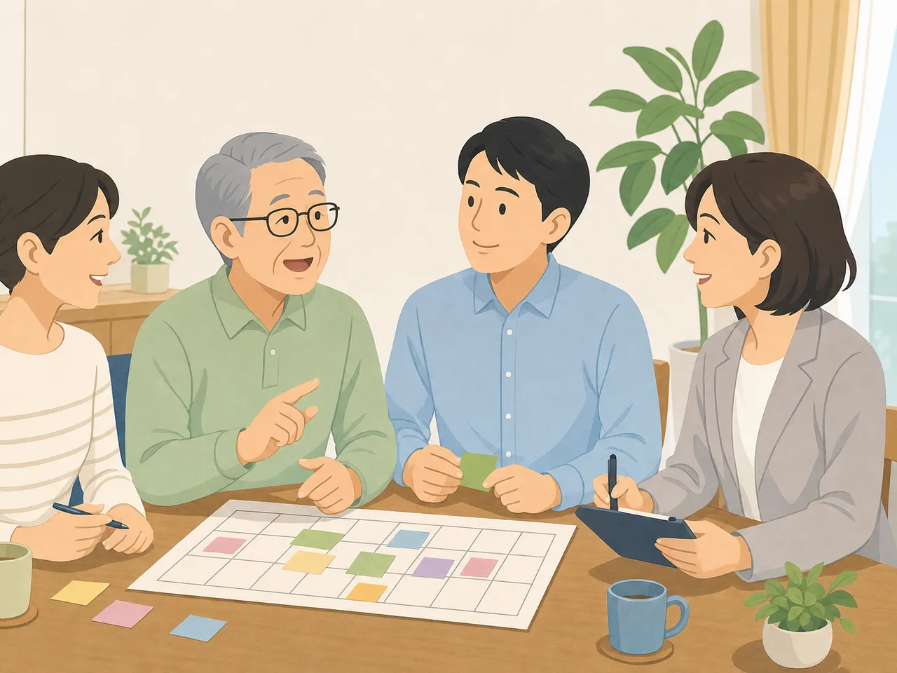 介護を協力する日本人家族（フラットイラスト）。介護する家族、家族介護、在宅生活、支え合いの記事向け素材です。