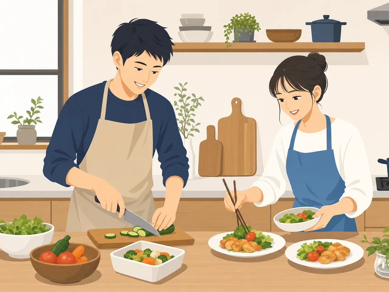 一緒に料理する日本人きょうだい（フラットイラスト）。成人きょうだいの料理、きょうだいで作る家庭料理、きょうだい、兄弟姉妹の記事や案内に使える商用素材です。