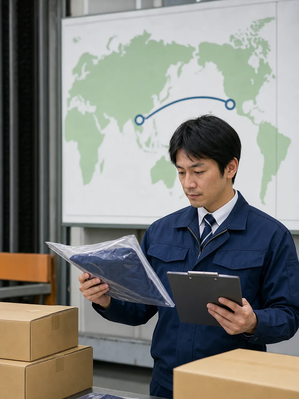 輸入通関を確認する日本人通関士（自然な縦位置写真）。通関士、輸入通関、貿易、税関手続きの記事や案内に使える商用素材です。