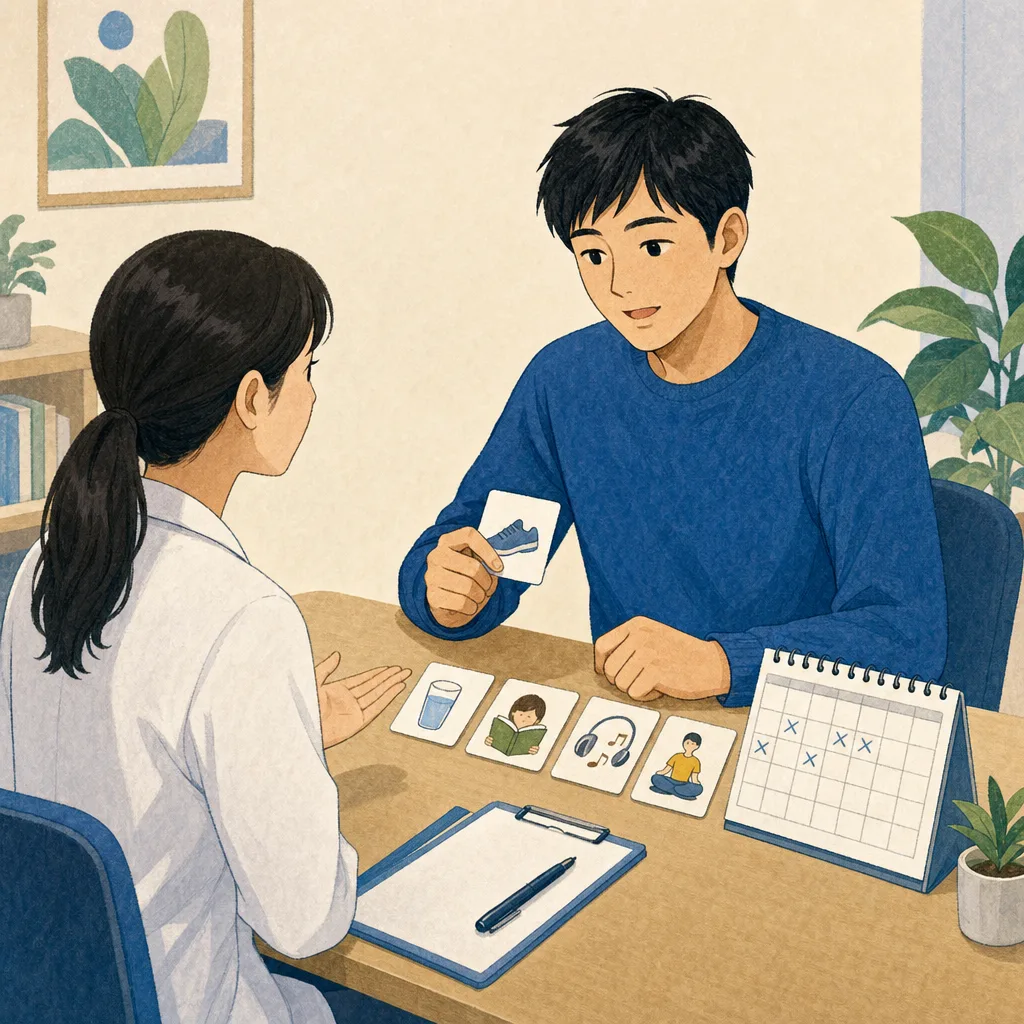 禁煙を相談する日本人（編集記事向け）。禁煙、禁煙外来、健康相談、生活改善の記事向け素材です。