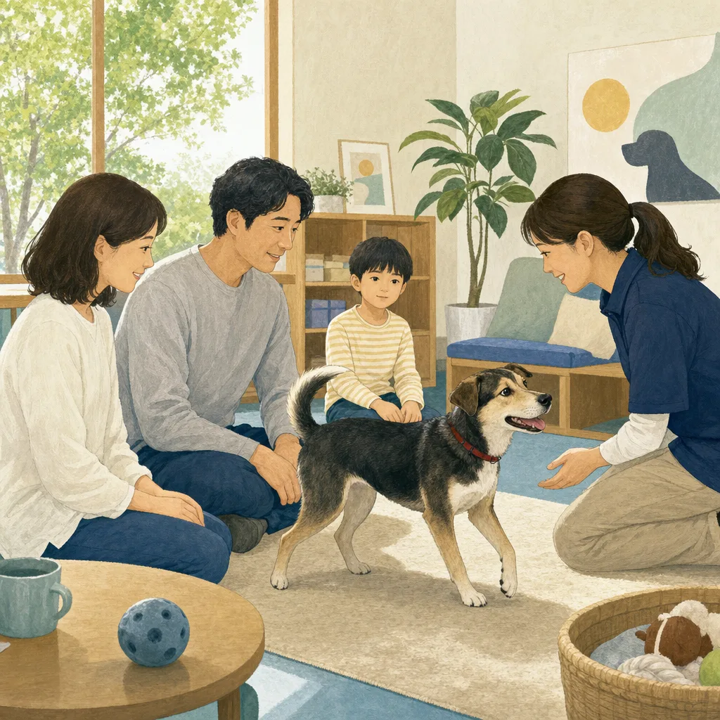 保護犬と出会う日本人家族（編集記事向け）。保護犬、里親、動物福祉、家族の記事向け素材です。