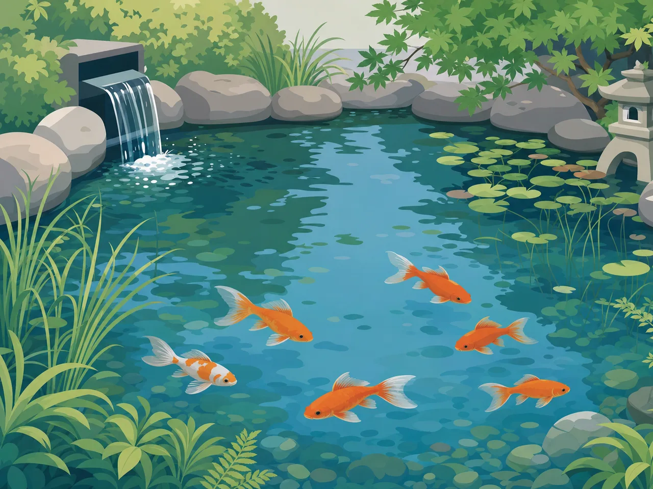 屋外の池で泳ぐ健康な金魚（フラットイラスト）。屋外池の金魚、庭池の金魚、金魚、観賞魚の記事や案内に使える商用素材です。