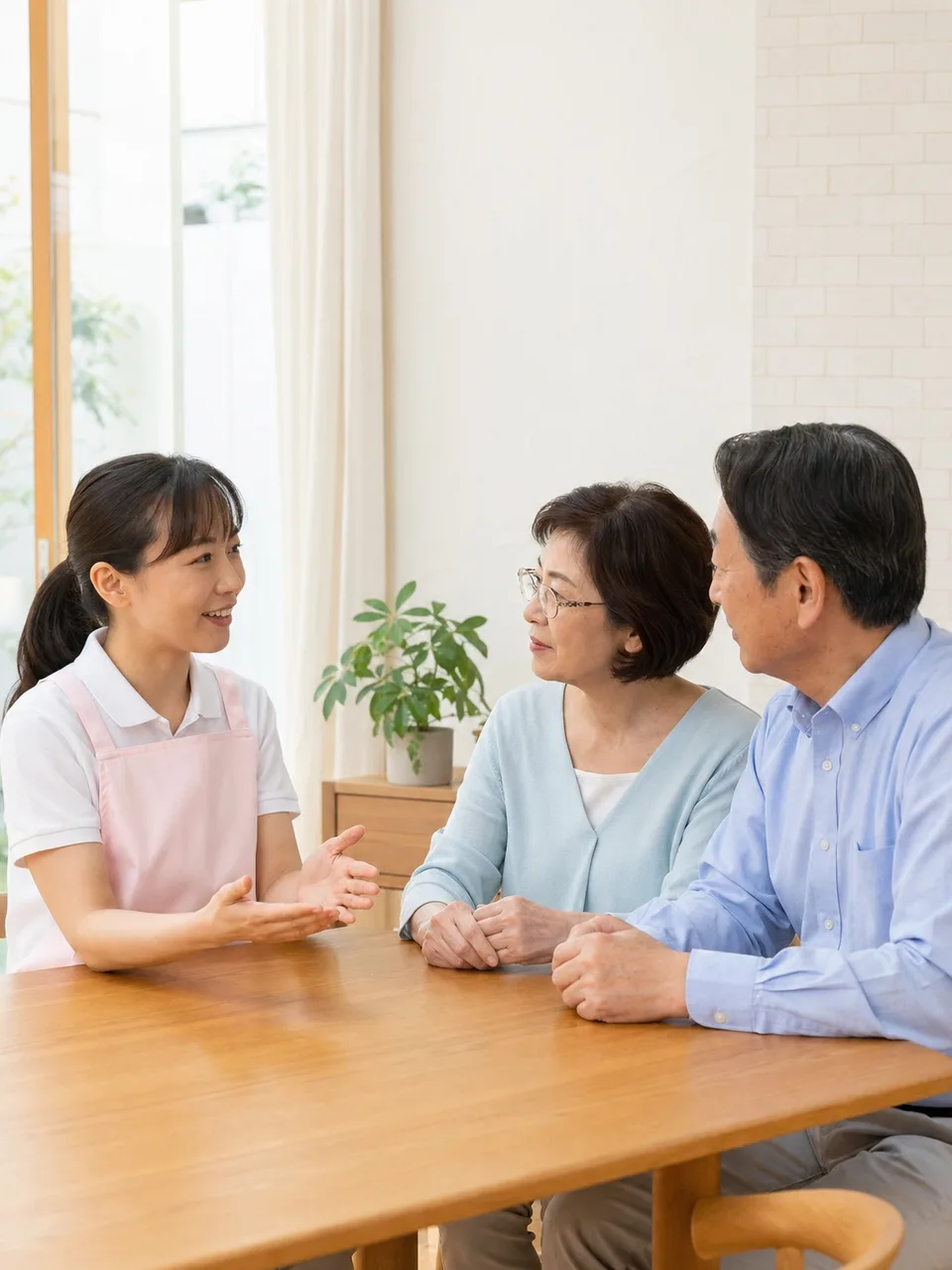 在宅療養の希望を話し合う日本人家族（自然な縦位置写真）。在宅療養、緩和ケア、家族相談、意思決定支援の記事や案内に使える商用素材です。