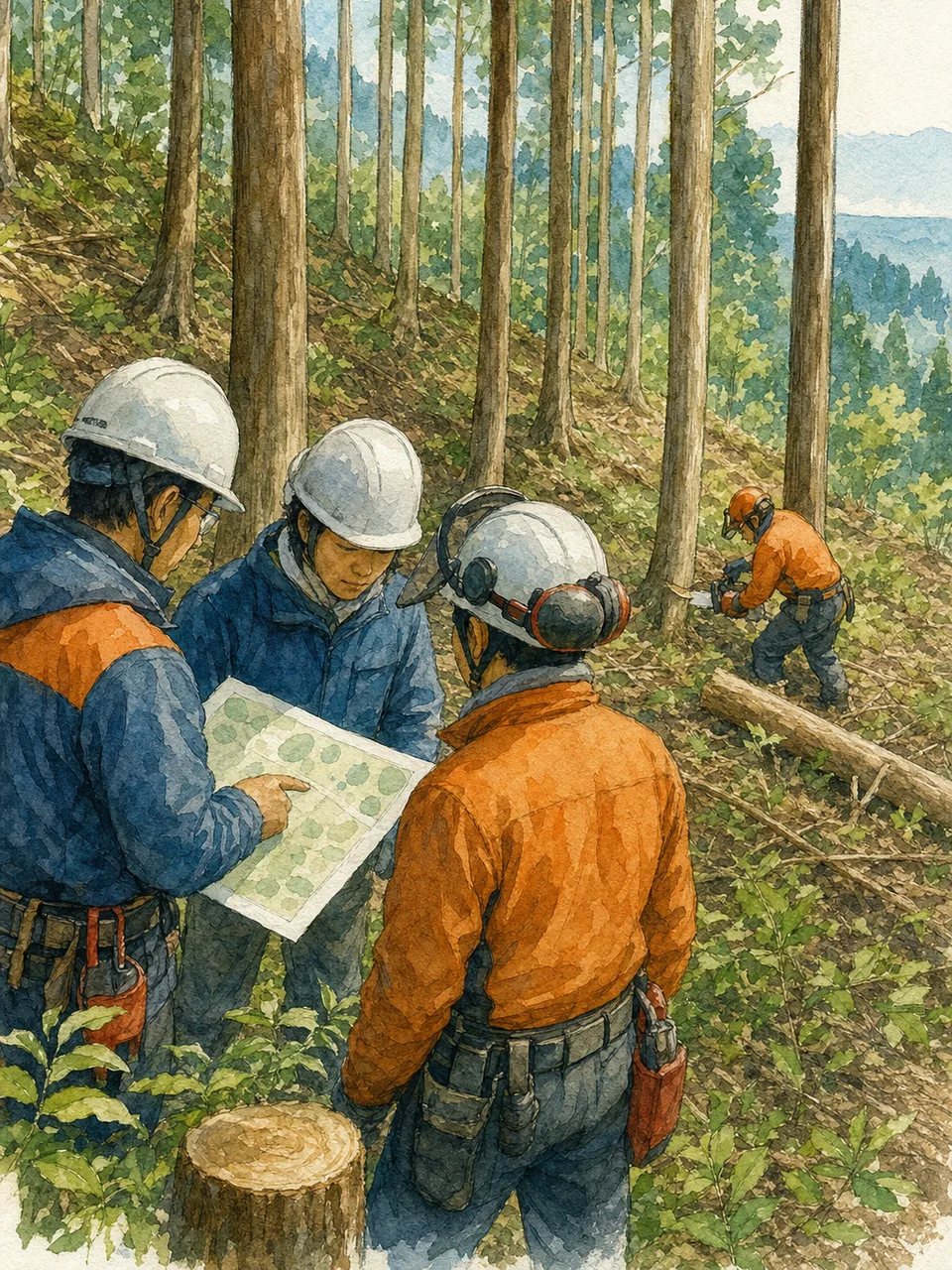 森林の間伐を行う日本人林業者（手描き水彩）。間伐、林業、森林管理、持続可能な森林の記事や案内に使える商用素材です。