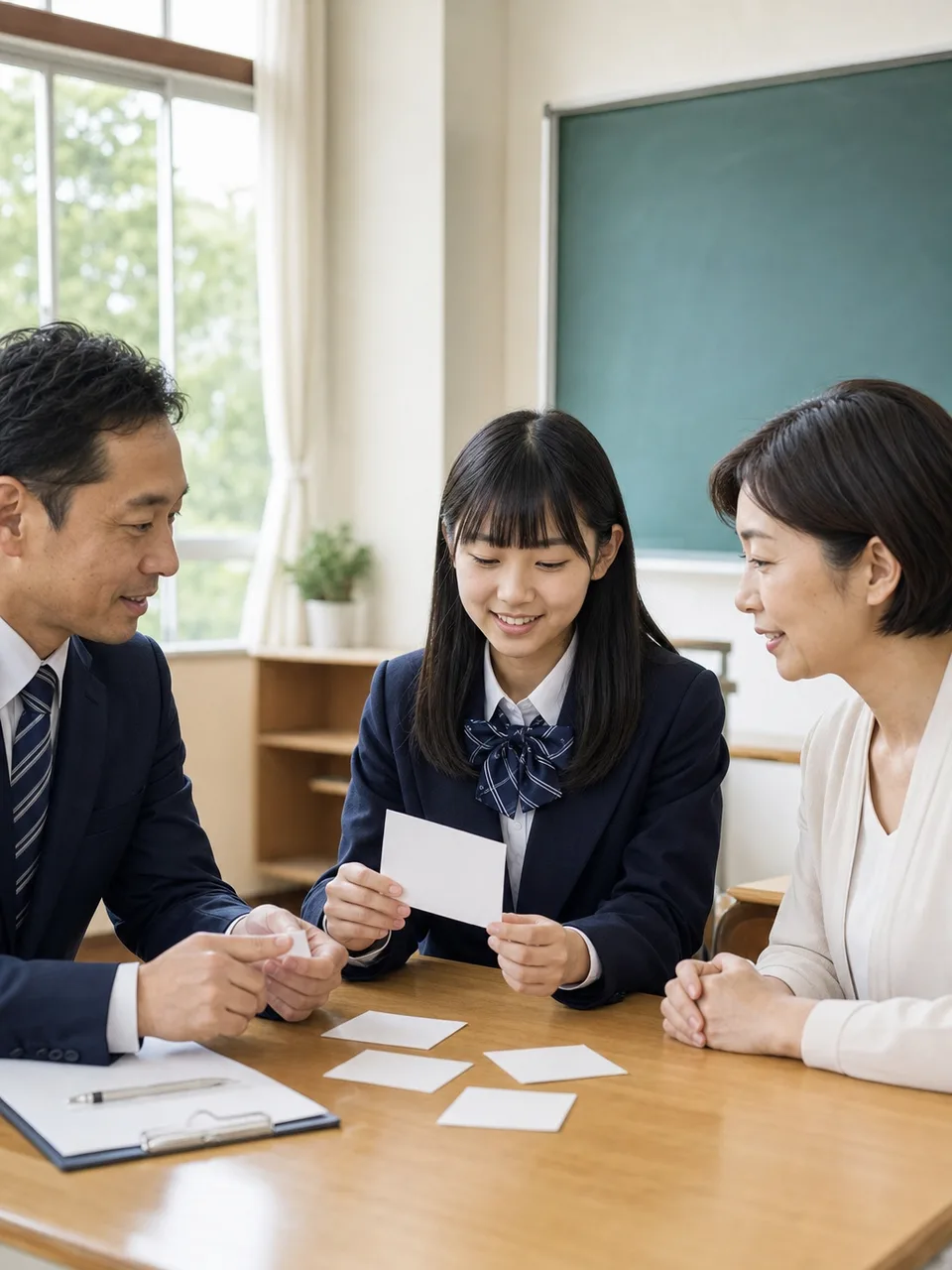 保護者面談をする日本人の教師と親（自然な縦位置写真）。保護者面談、個人面談、教師、家庭連携の記事向け素材です。