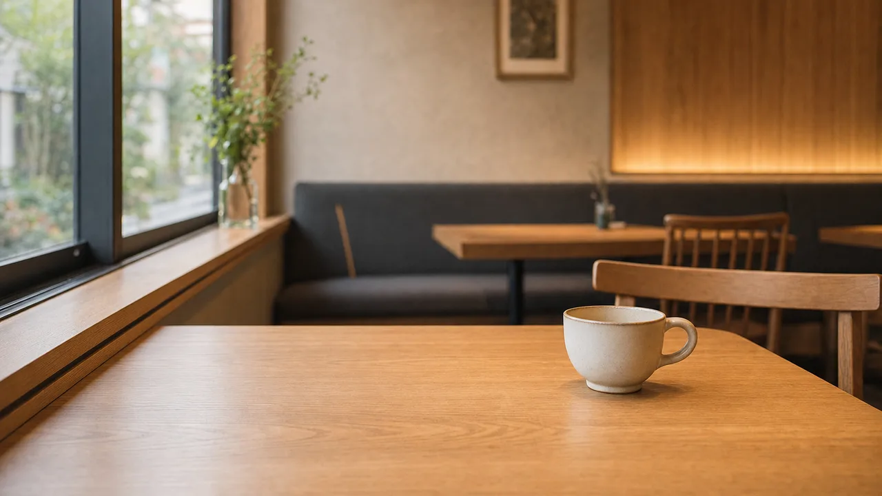 くつろぎを感じるカフェ背景（横長・余白背景）。カフェ背景、コーヒー、飲食店、落ち着いたデザイン向け素材です。
