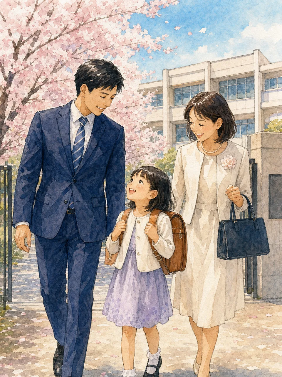 小学校の入学式を迎える親子（手描き水彩）。春、学校、子育て、自治体の案内に使える、日本の入学式の親子素材です。