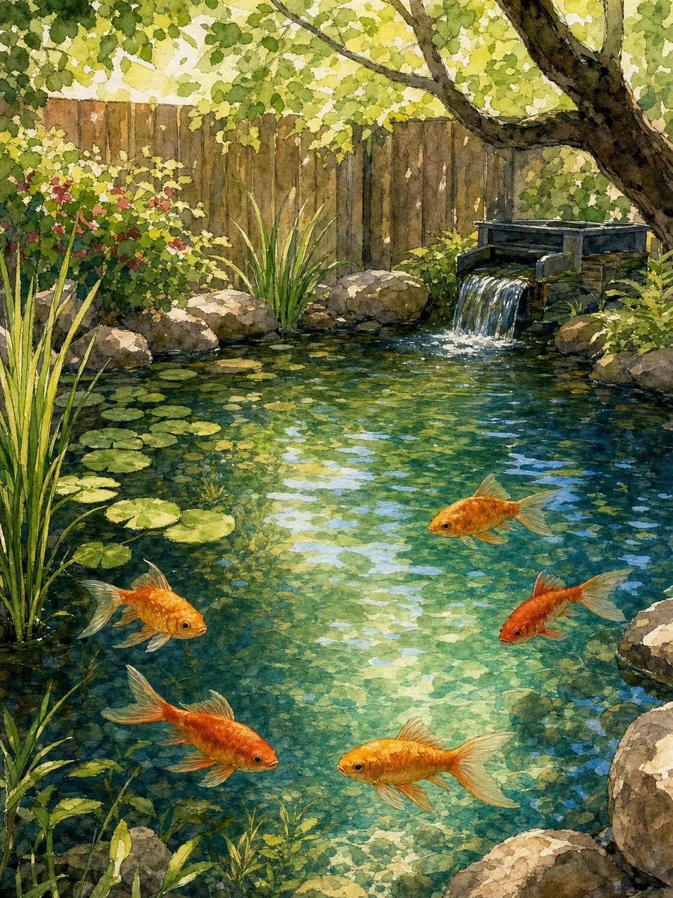 屋外の池で泳ぐ健康な金魚（手描き水彩）。屋外池の金魚、庭池の金魚、金魚、観賞魚の記事や案内に使える商用素材です。