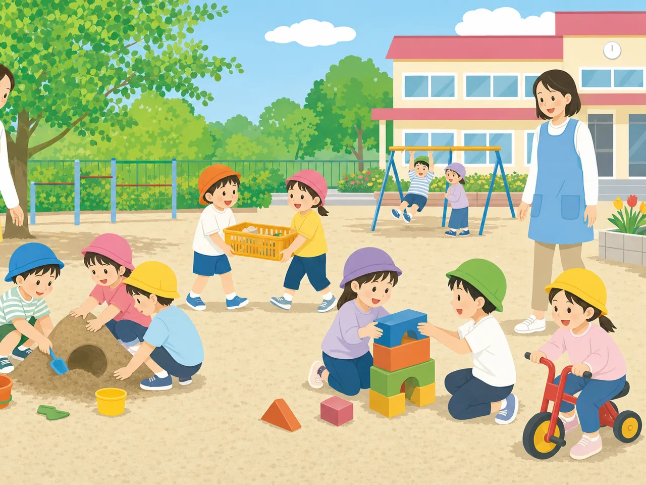 園庭で遊ぶ日本の幼稚園児（フラットイラスト）。幼稚園、保育、子育て、教育施設の紹介に使える活動素材です。