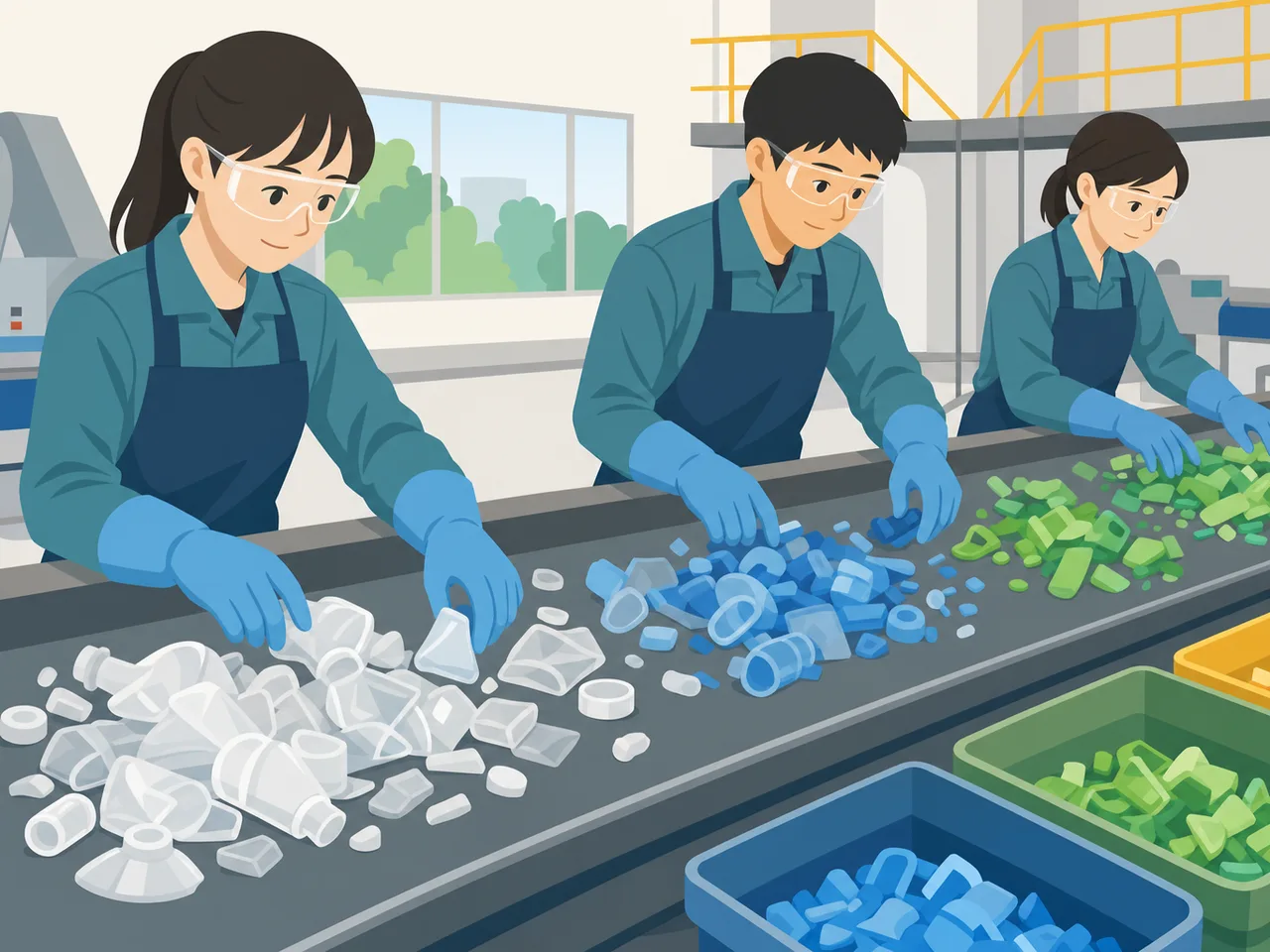 再生プラスチックを選別する日本人（フラットイラスト）。プラスチックリサイクル、資源循環、選別、再生材の記事や案内に使える商用素材です。
