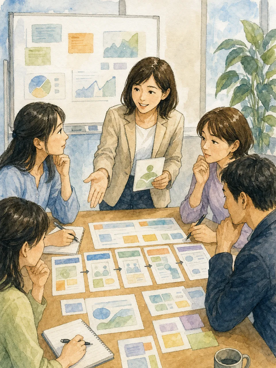 営業会議を行う日本人チーム（手描き水彩）。営業会議、販売計画、チーム、顧客理解の記事向け素材です。
