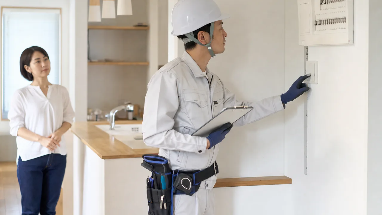 住宅の分電盤を点検する日本人電気技術者（横長・コピースペース）。分電盤点検、電気設備、住宅点検、電気工事士の記事や案内に使える商用素材です。