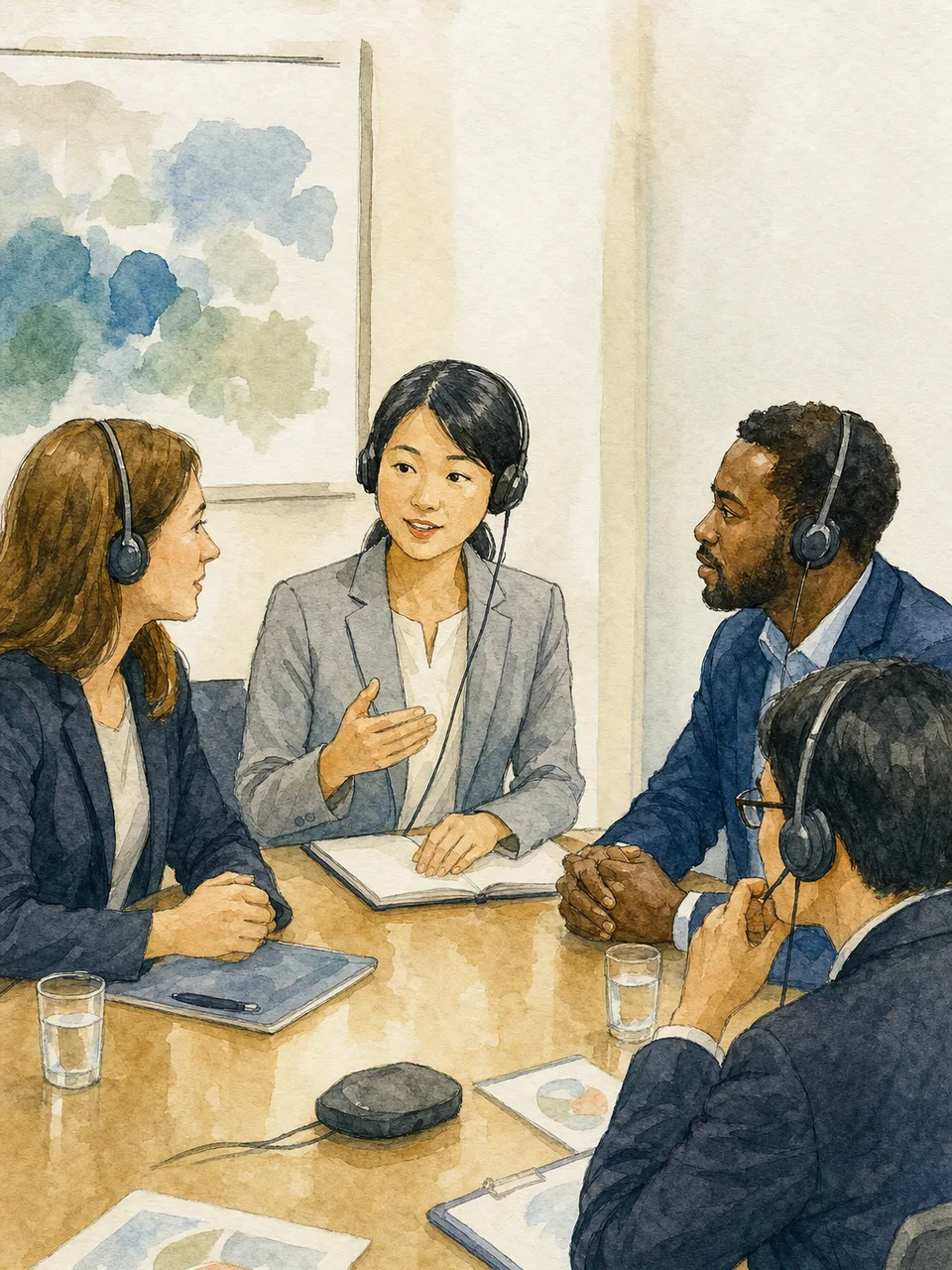 国際会議を支える日本人通訳者（手描き水彩）。通訳、国際会議、多言語対応、ビジネス交流の記事向け素材です。