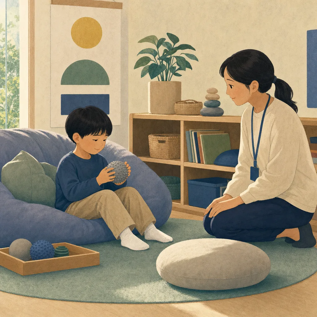 感覚休憩を選ぶ日本人の子ども（編集記事向け）。感覚休憩、特別支援教育、合理的配慮、子どもの記事や案内に使える商用素材です。