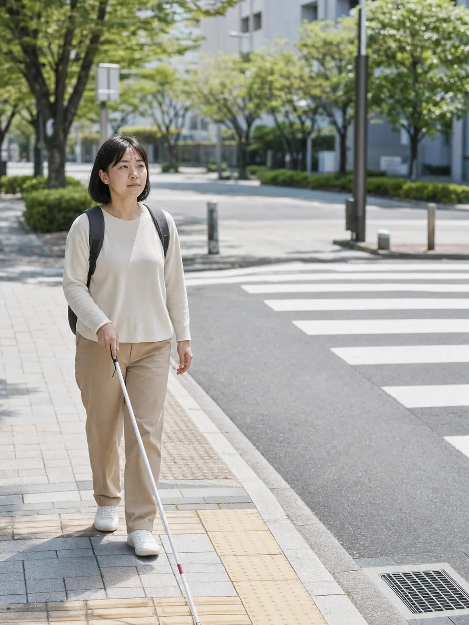 白杖で移動する日本人（自然な縦位置写真）。白杖、視覚障害、歩行、アクセシビリティの記事向け素材です。