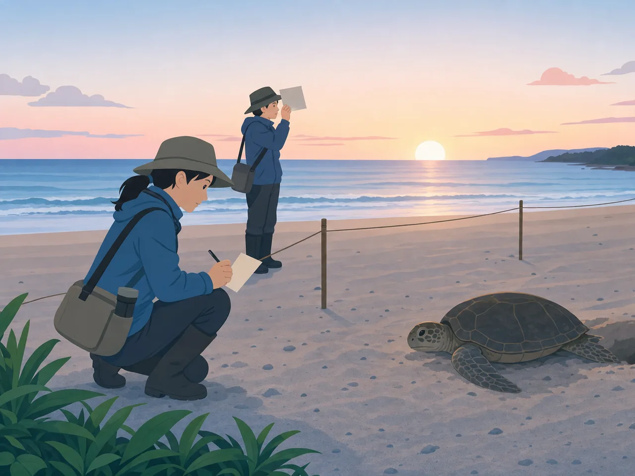 ウミガメ保全を調査する日本人（フラットイラスト）。ウミガメ保全、海洋生物、自然保護、海岸調査の記事や案内に使える商用素材です。