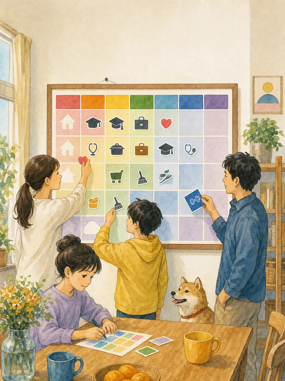 一週間の予定を調整する日本人家族（手描き水彩）。家族の予定、スケジュール管理、家族会議、共働きの記事や案内に使える商用素材です。
