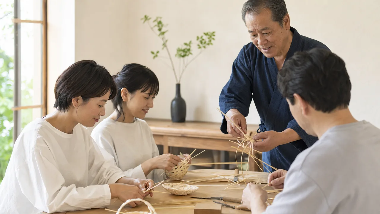 竹細工を学ぶ日本人（横長・コピースペース）。竹細工、伝統工芸、かご編み、職人体験の記事や案内に使える商用素材です。