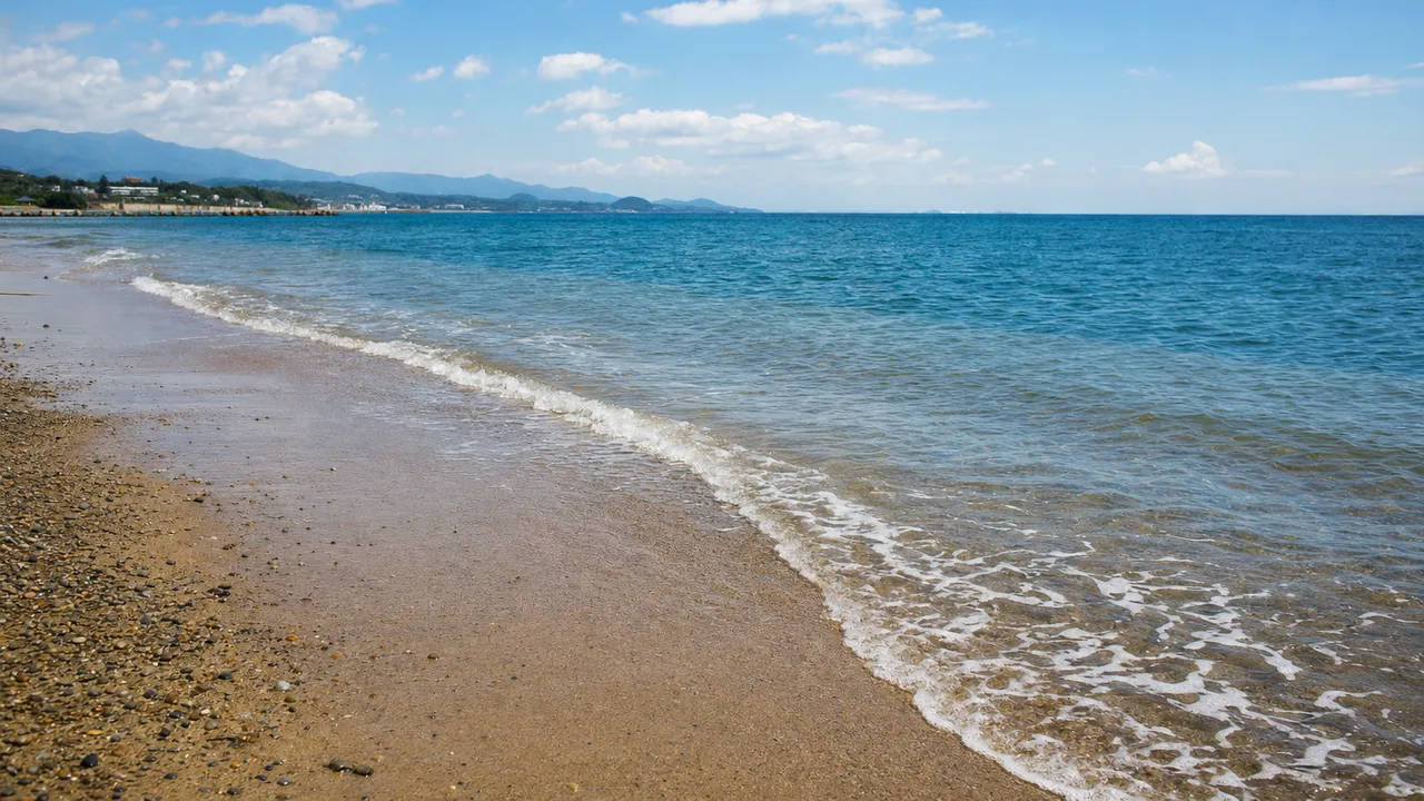 日本の海岸に寄せる波（横長・余白背景）。海の波、海岸、自然、水の動きの記事向け素材です。