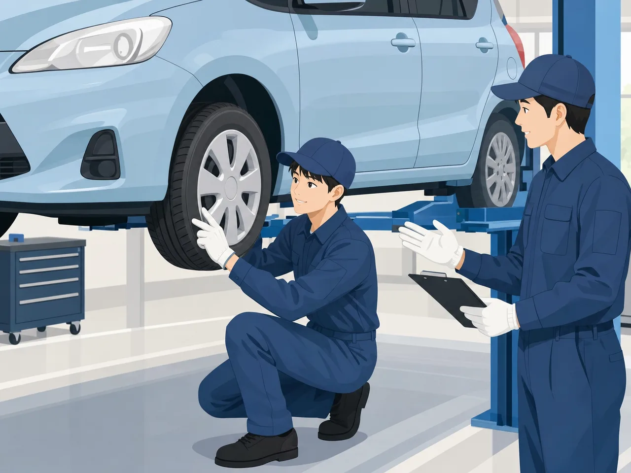 自動車を点検する日本人整備士（フラットイラスト）。整備士、自動車点検、車検、安全管理の記事に使える仕事素材です。