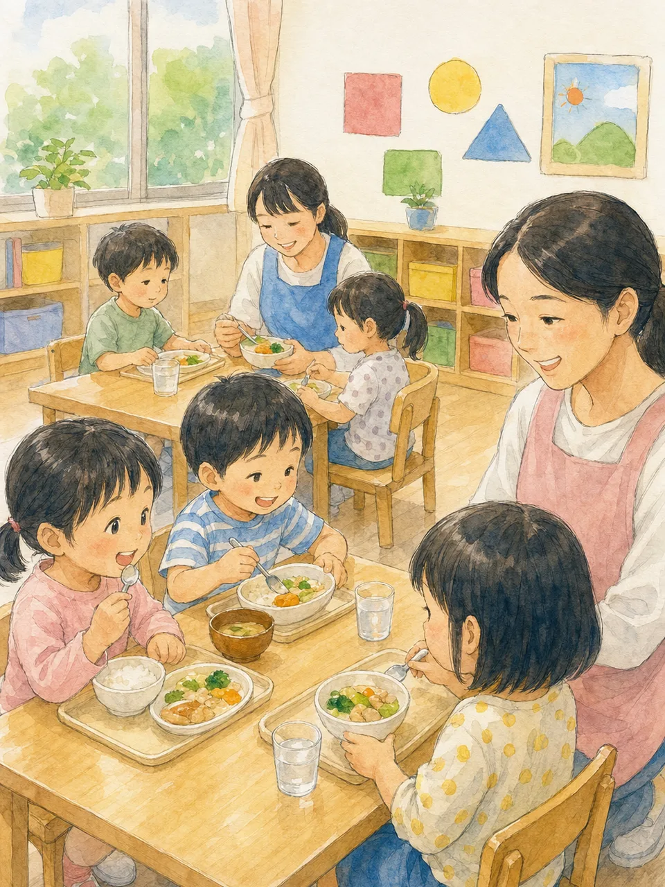 給食を楽しむ日本人の園児（手描き水彩）。保育園給食、園児、食育、幼児の記事や案内に使える商用素材です。