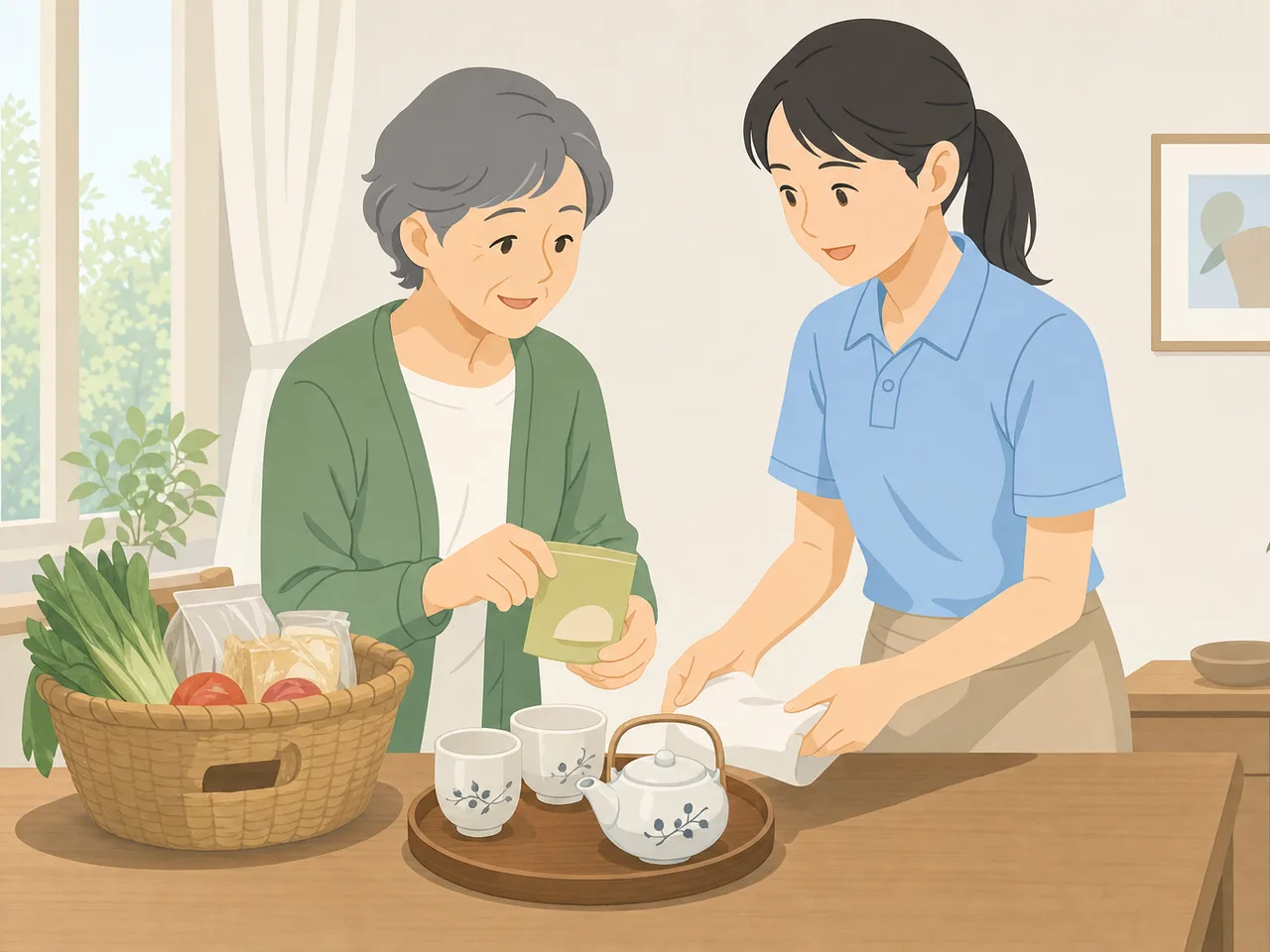 訪問介護を利用する日本人高齢者（フラットイラスト）。訪問介護、在宅生活、高齢者、生活支援の記事向け素材です。