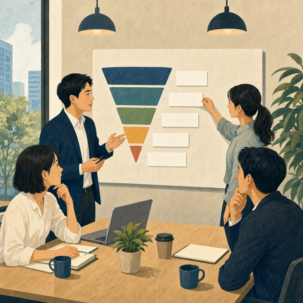 営業案件を確認する日本人チーム（編集記事向け）。営業案件管理、営業パイプライン、営業会議、営業管理の記事や案内に使える商用素材です。