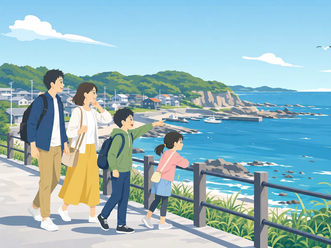 千葉の房総海岸を巡る旅行者（フラットイラスト）。千葉旅行、房総半島、海岸旅行、関東旅行の記事や案内に使える商用素材です。