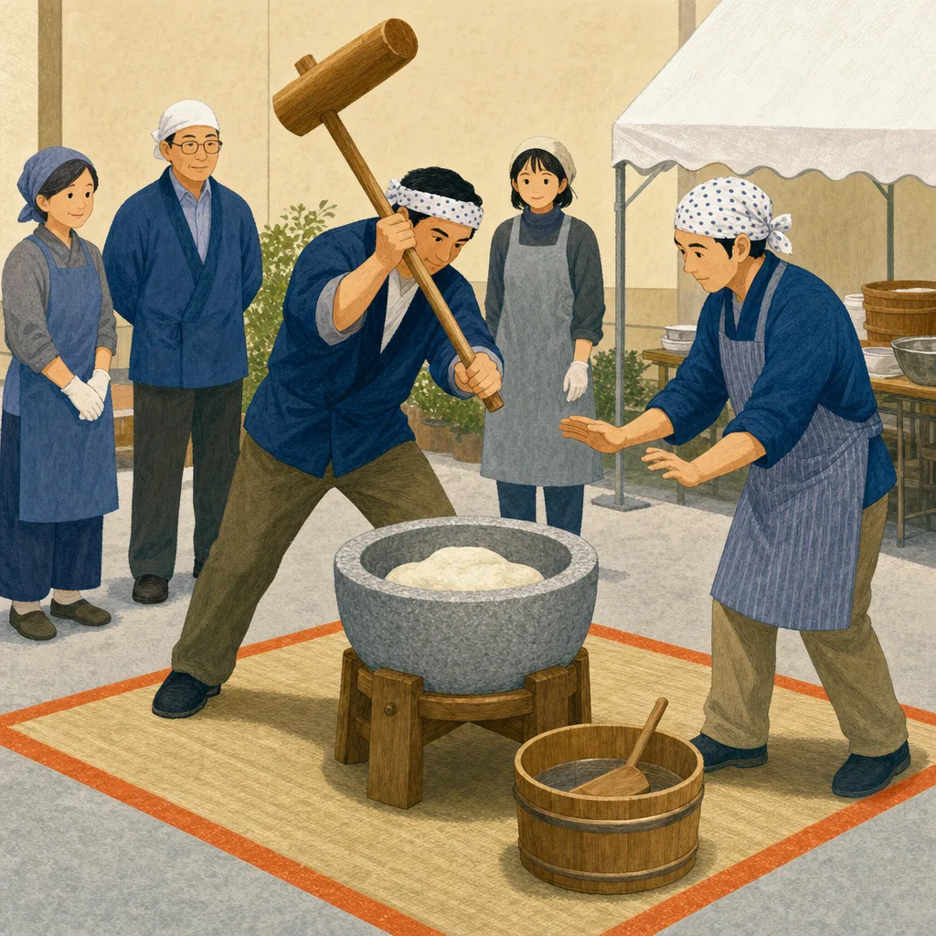 餅つきをする日本人地域住民（編集記事向け）。餅つき、正月準備、地域行事、伝統文化の記事や案内に使える商用素材です。