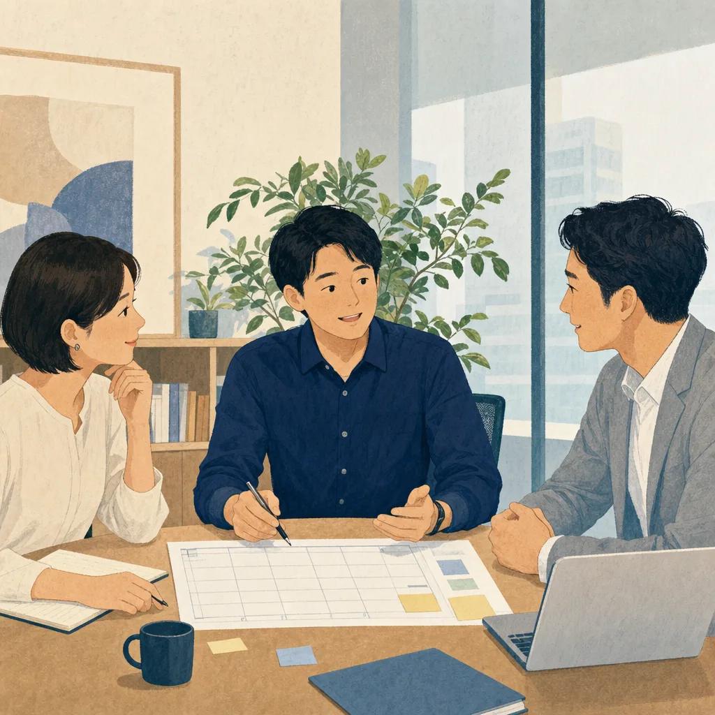 男性育休を相談する日本人会社員（編集記事向け）。男性育休、育児休業、働き方、両立支援の記事に使える職場素材です。