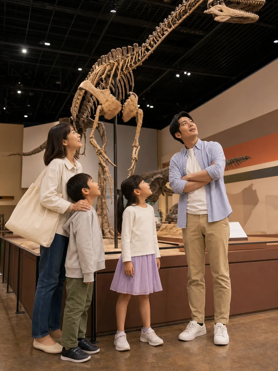 福井で恐竜を学ぶ家族旅行（自然な縦位置写真）。福井旅行、恐竜博物館、家族旅行、北陸旅行の記事や案内に使える商用素材です。