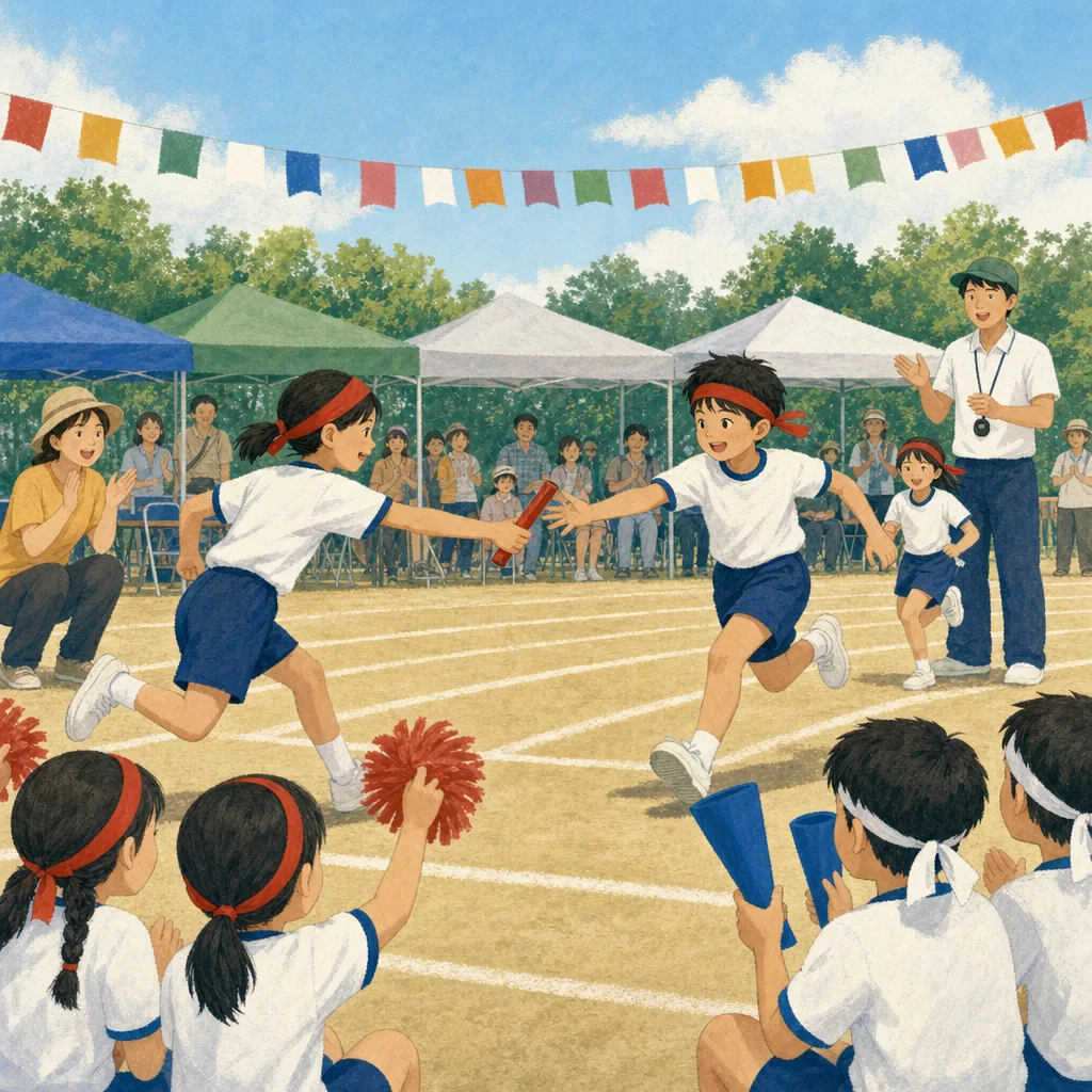 運動会を楽しむ日本人の子どもたち（編集記事向け）。運動会、学校行事、子ども、地域イベントの記事向け素材です。
