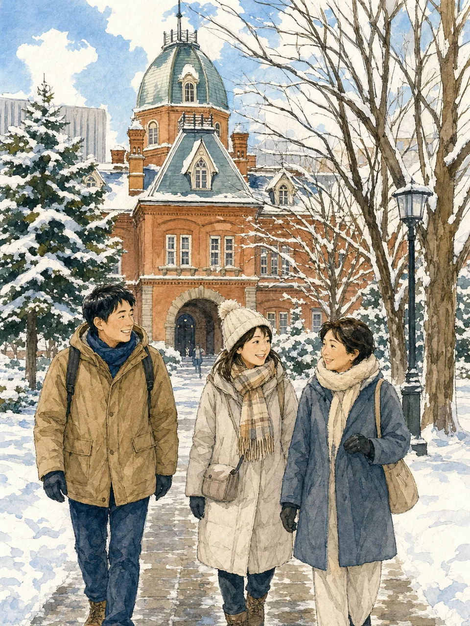 冬の札幌を歩く日本人旅行者（手描き水彩）。札幌、北海道旅行、雪の街、冬旅行の記事向け素材です。
