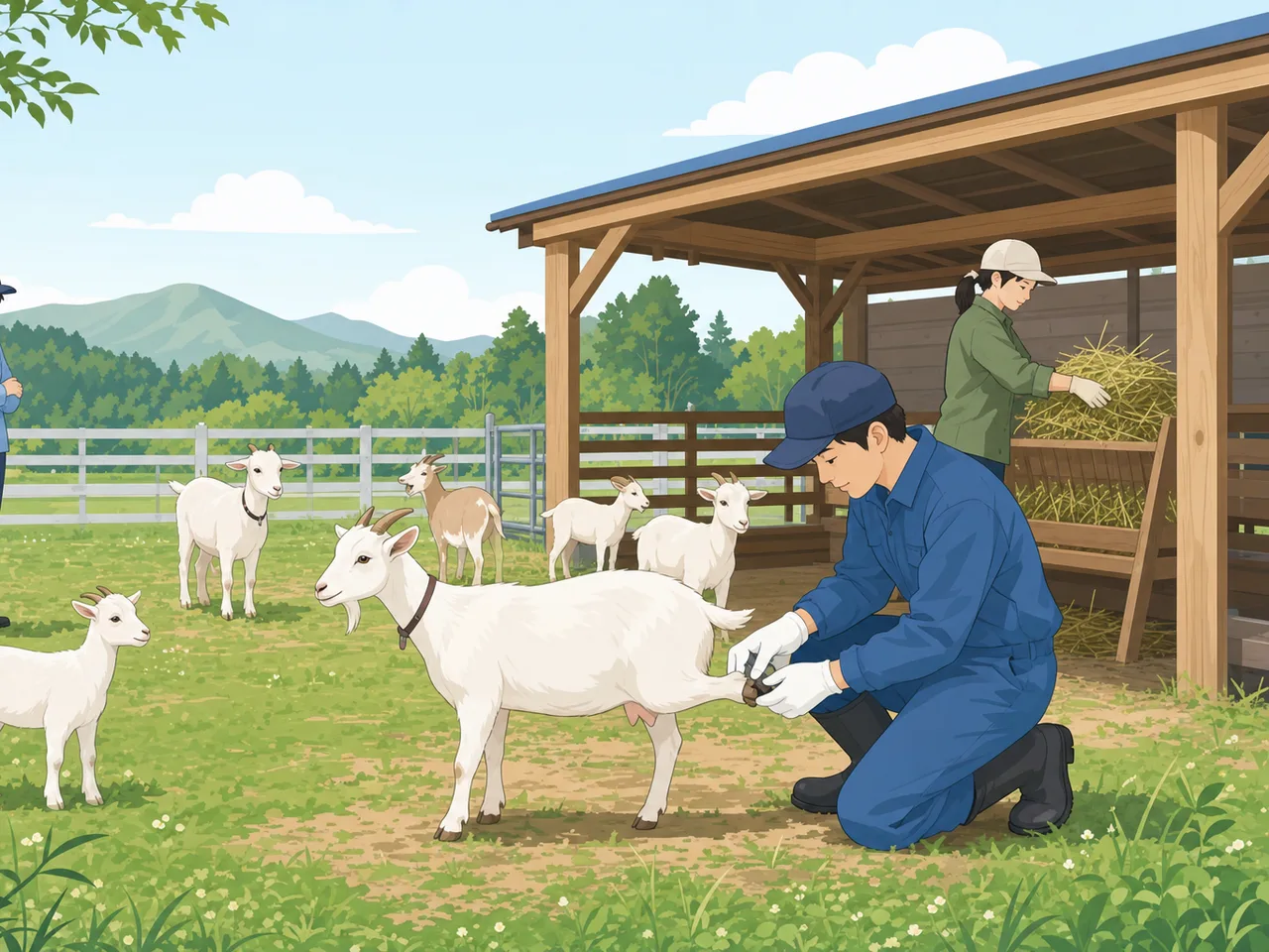 ヤギを世話する日本人農家（フラットイラスト）。ヤギ、畜産、農業、動物福祉の記事向け素材です。
