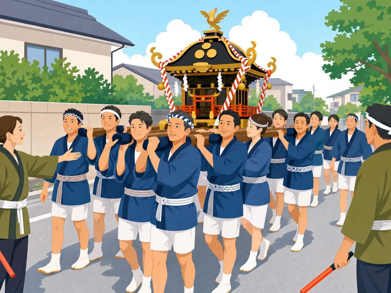 神輿を支える日本人地域住民（フラットイラスト）。神輿、地域祭り、伝統行事、祭礼の記事や案内に使える商用素材です。