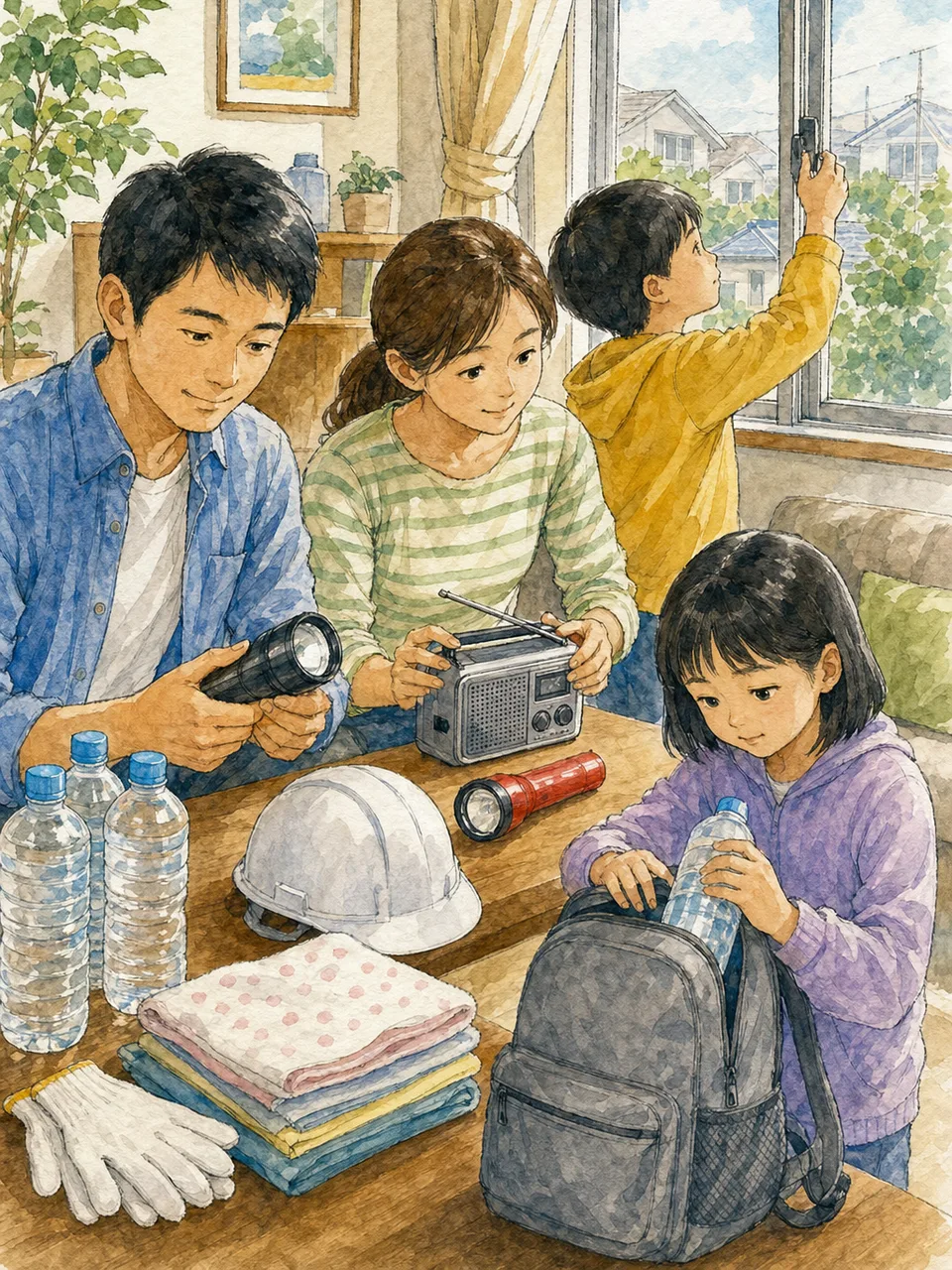 台風に備える日本人家族（手描き水彩）。台風対策、防災、家庭備蓄、家族の記事向け素材です。