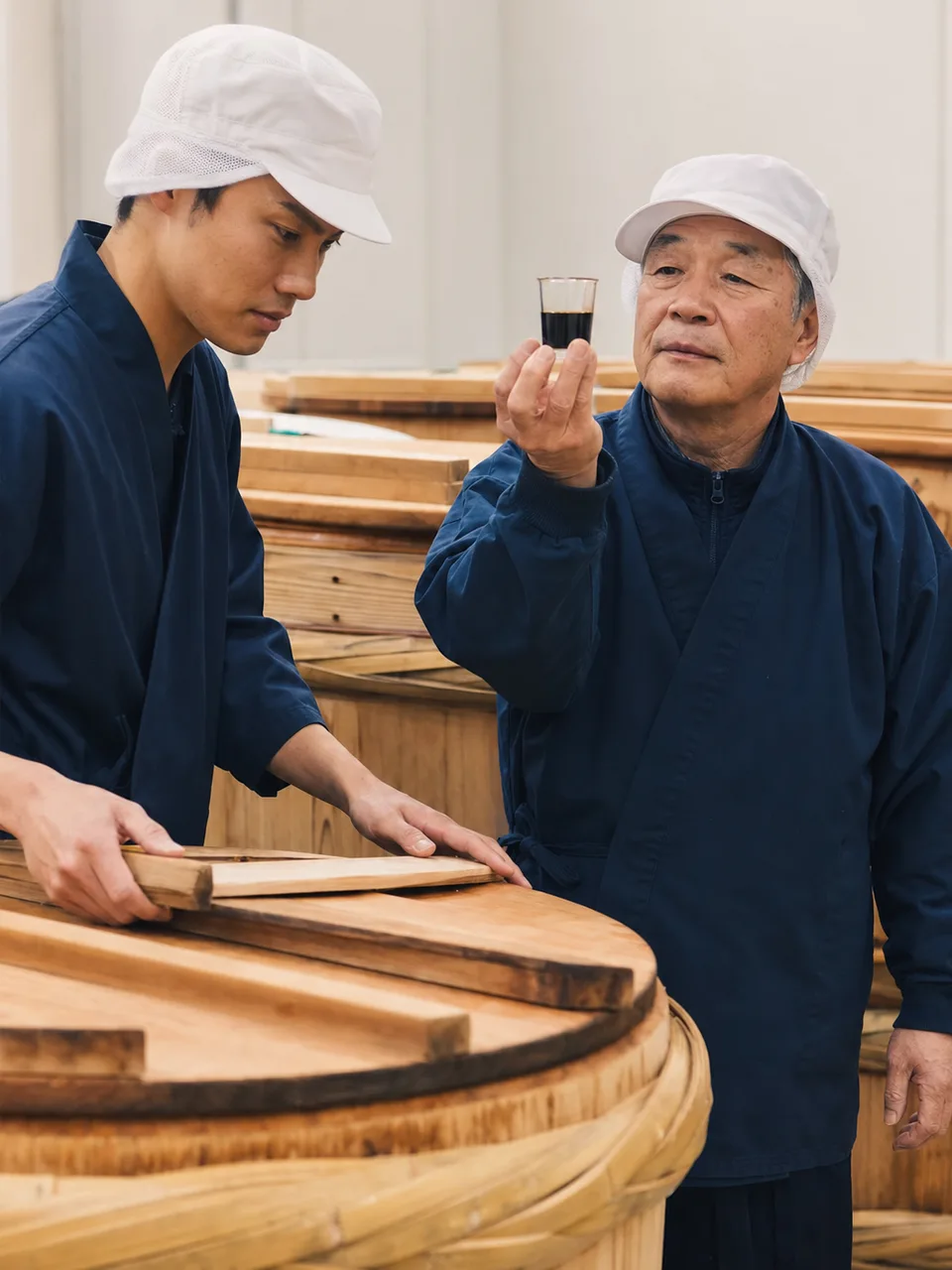 醤油蔵で品質を確認する日本人（自然な縦位置写真）。醤油蔵、醤油作り、醸造、発酵食品の記事や案内に使える商用素材です。