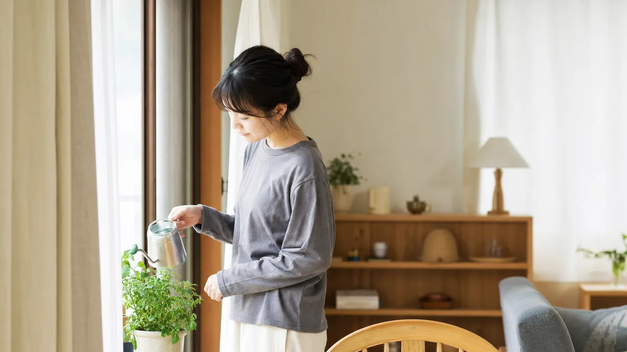 若い日本人女性の日常（横長・コピースペース）。若い女性、一人時間、日常、ライフスタイルの記事向け素材です。