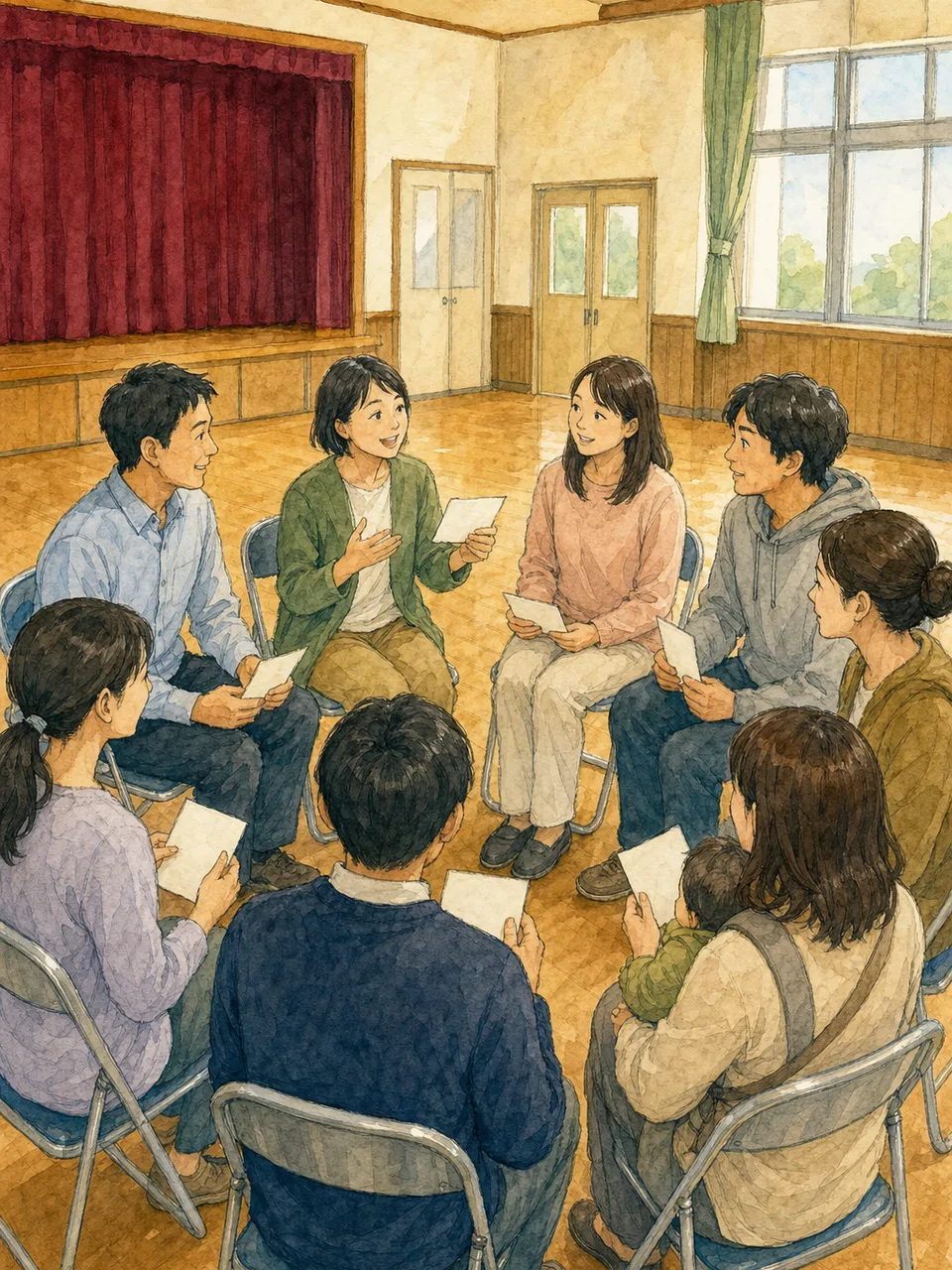 学校について話し合う日本人PTA（手描き水彩）。PTA、保護者会、学校運営、地域連携の記事に使える素材です。