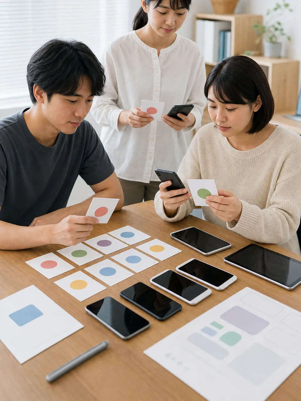 スマホアプリを検証する日本人テスター（自然な縦位置写真）。アプリテスト、QA、品質保証、スマホアプリの記事や案内に使える商用素材です。