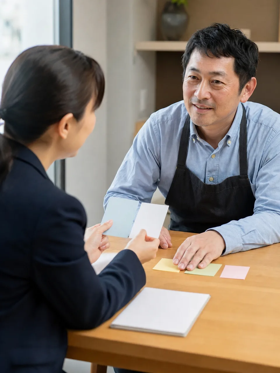 地域金融機関で相談する日本人事業者（自然な縦位置写真）。地域金融、信用金庫、事業相談、中小企業支援の記事や案内に使える商用素材です。