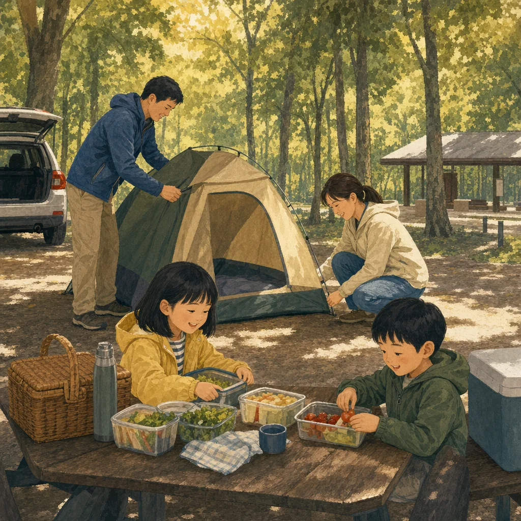 キャンプを楽しむ日本人家族（編集記事向け）。キャンプ、家族旅行、アウトドア用品、自然体験の記事向け素材です。