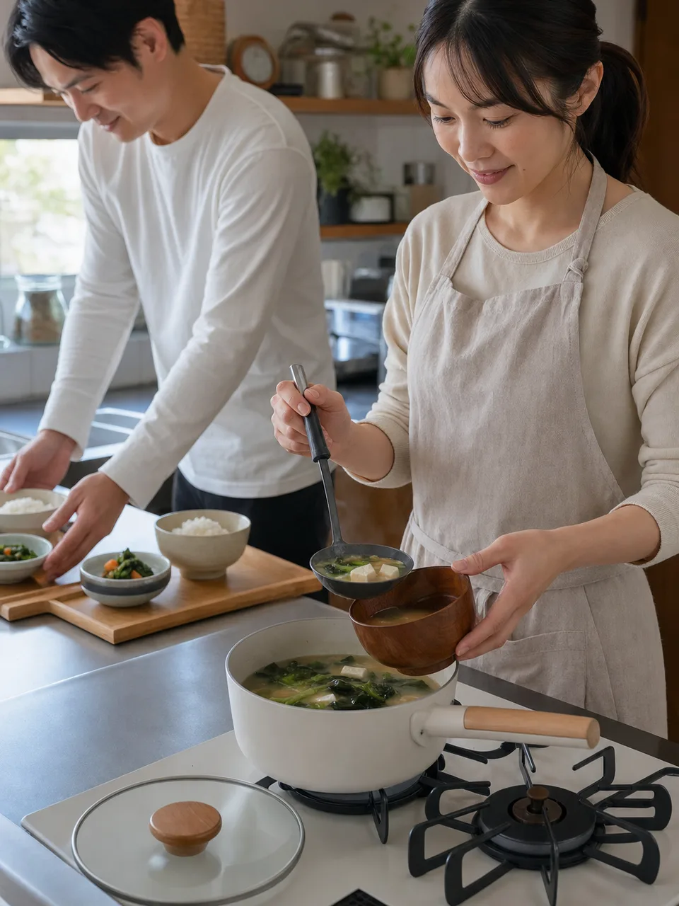味噌汁を作る日本人の朝（自然な縦位置写真）。味噌汁、和朝食、家庭料理、朝ごはんの記事向け素材です。